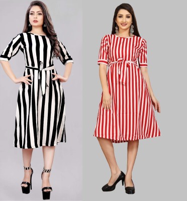 maruti fab Women Fit and Flare White, Red Dress