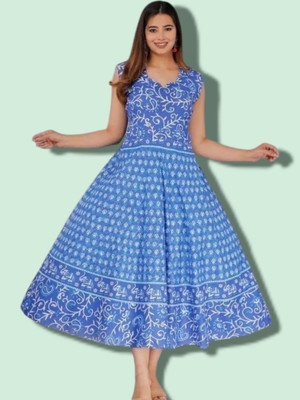 Tankavi Women Fit and Flare Blue Knee Length Dress