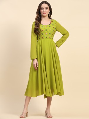 HELLO DESIGN Women Fit and Flare Green Dress