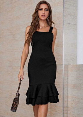 Ladiikway Women Bodycon Black Midi/Calf Length Dress