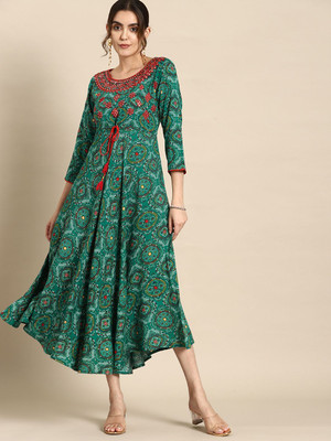 all about you Women A-line Green Midi/Calf Length Dress