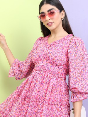 Tokyo Talkies Women Fit and Flare Pink Dress