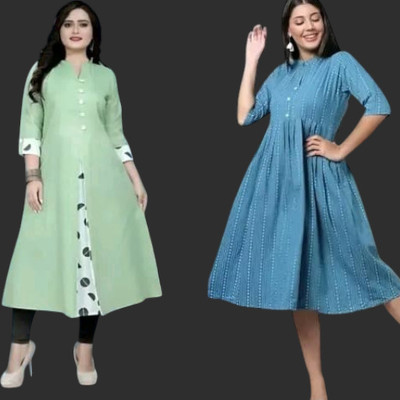 Texpa Pl Women Printed Straight Kurta(Green, Light Blue)