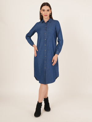 9 impression Women A-line Dark Blue Midi/Calf Length Dress