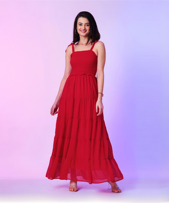 Globus Women Fit and Flare Red Maxi/Full Length Dress