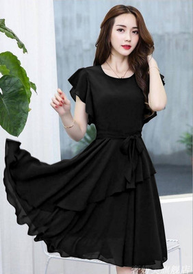 VM STUDIO Women Fit and Flare Black Midi/Calf Length Dress