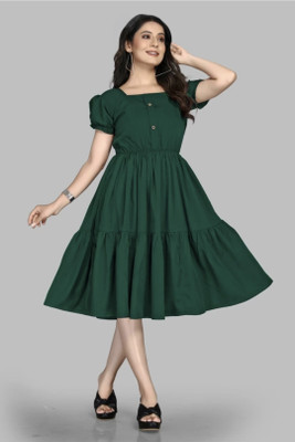 MAHESVAR Women Fit and Flare Green Below Knee Dress