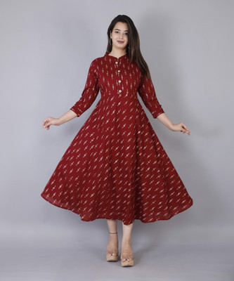 JC4U Women Fit and Flare Maroon Midi/Calf Length Dress