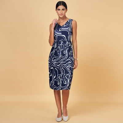 Annabelle by Pantaloons Women A-line Dark Blue, Blue, White Midi/Calf Length Dress