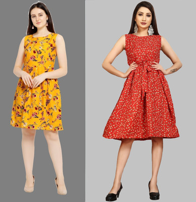 maruti fab Women Fit and Flare Yellow, Red Knee Length Dress