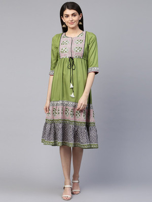 all about you Women A-line Green Midi/Calf Length Dress