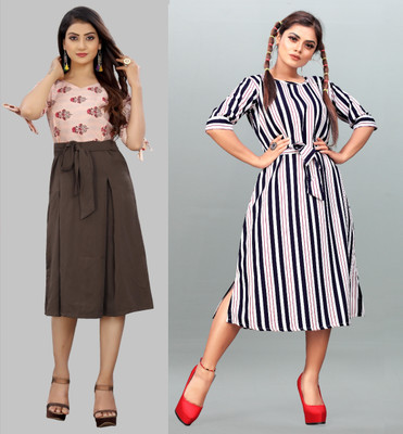 tanvi creation Women Fit and Flare Brown Midi/Calf Length Dress