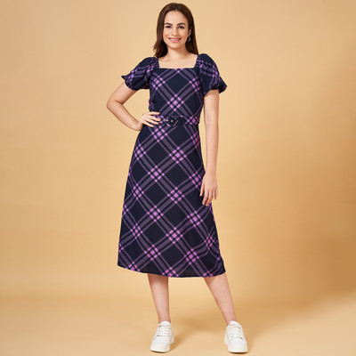 Honey By Pantaloons Women A-line Dark Blue, Purple Midi/Calf Length Dress