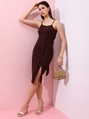 Tokyo Talkies Women Ribbed Brown Knee Length Dress