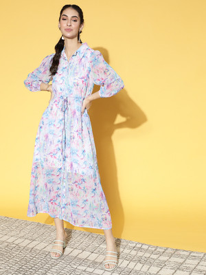 Mayffei Women Fit and Flare Blue Maxi/Full Length Dress