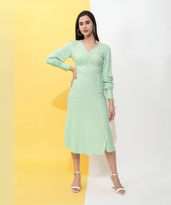 The Indian Garage Co. -Freehand Women Fit and Flare White, Light Green Midi/Calf Length Dress