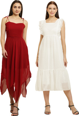 Heaven's creation Women High Low Maroon, White Knee Length Dress