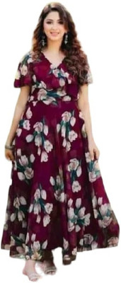 Parth Creation Women Gown Maroon Maxi/Full Length Dress