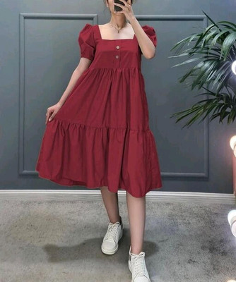 HouseOfCommon Women Fit and Flare Maroon Knee Length Dress