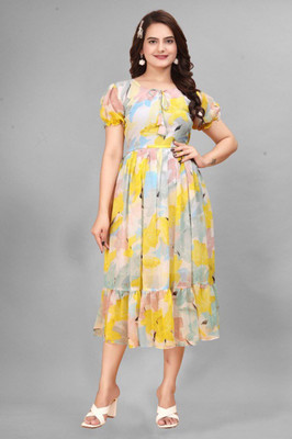 VelveraFeb Women A-line Yellow Knee Length Dress