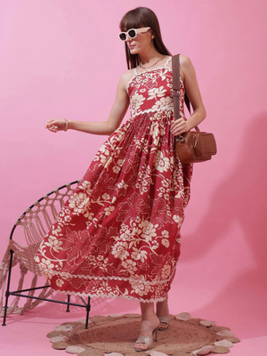 Sheetal Accociates Women Fit and Flare Red, Beige Maxi/Full Length Dress