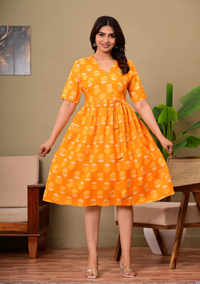 Kwast Women Ethnic Dress Yellow Knee Length Dress