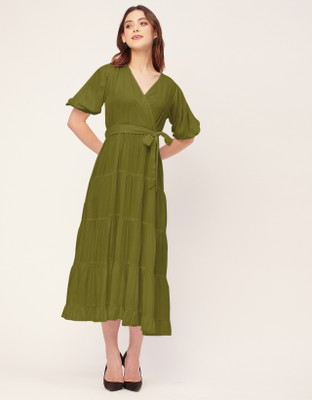 moomaya Women Tiered Green Midi/Calf Length Dress