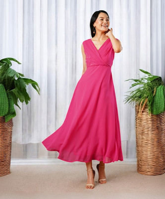 Cartyshop Women Fit and Flare Pink Maxi/Full Length Dress
