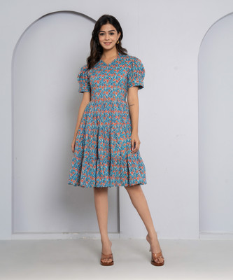 Jaipuri Bunaai Women Tiered Multicolor Knee Length Dress