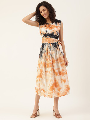 METRONAUT Women Fit and Flare Orange Midi/Calf Length Dress