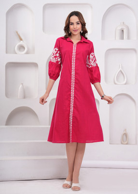 JC4U Women A-line Pink Midi/Calf Length Dress
