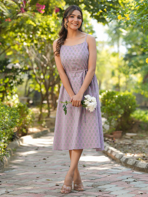 Janasya Women A-line Purple Midi/Calf Length Dress