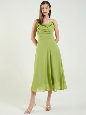 METRONAUT Women Fit and Flare Light Green Midi/Calf Length Dress