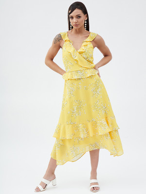 HARPA Women Asymmetric Yellow Midi/Calf Length Dress
