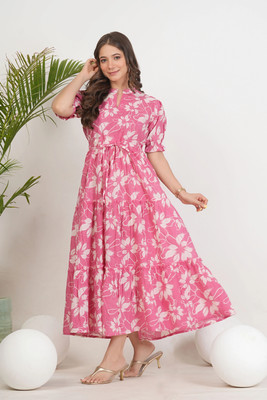TEESHA Women Fit and Flare Pink Below Knee Dress
