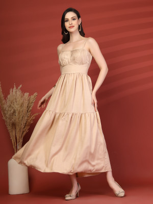 PLUSS Women Fit and Flare Beige Knee Length Dress