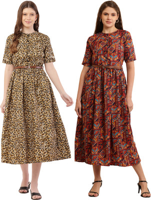 Miranga Women Fit and Flare Multicolor Midi/Calf Length Dress