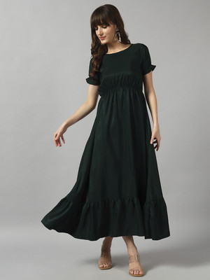 Jash Creation Women Fit and Flare Green Maxi/Full Length Dress