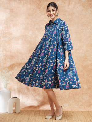 Dhanuvibes Women Fit and Flare Blue Knee Length Dress