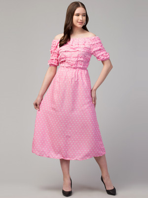 LOUSRICS Women A-line White, Pink Midi/Calf Length Dress