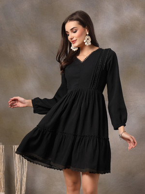 Stylum Women Fit and Flare Black Above Knee/Mid Thigh Length Dress