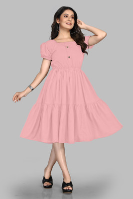 LEVIFIELD Women Fit and Flare Pink Midi/Calf Length Dress