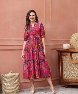 Claura Women Ethnic Dress Pink Below Knee Dress