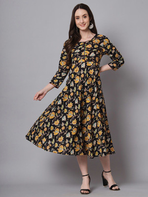all about you Women A-line Black Midi/Calf Length Dress