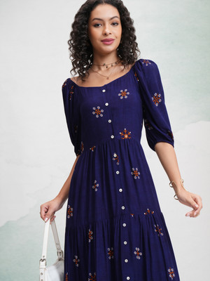 Vishudh Women A-line Blue Midi/Calf Length Dress