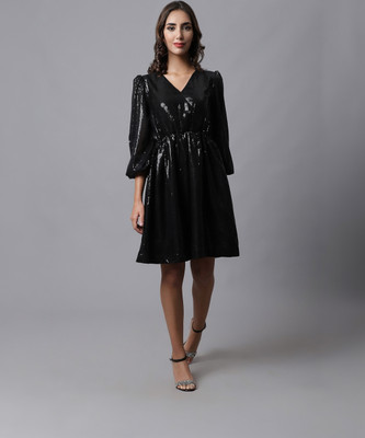 MARC LOUIS Women Fit and Flare Black Knee Length Dress