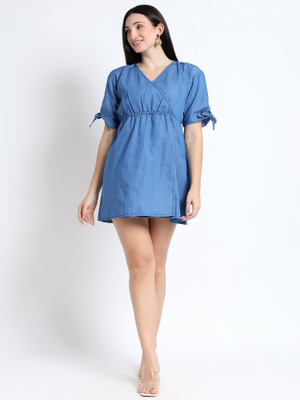 urban cat Women A-line Light Blue Above Knee/Mid Thigh Length Dress
