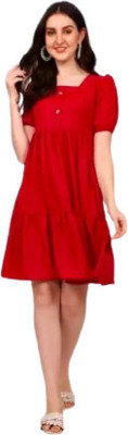 HouseOfCommon Women Fit and Flare Maroon Knee Length Dress