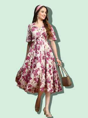 HouseOfCommon Women Fit and Flare Multicolor Below Knee Dress