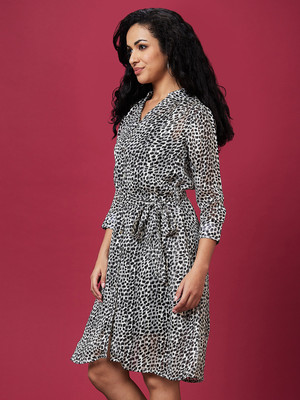 Globus Women Fit and Flare White, Black Knee Length Dress